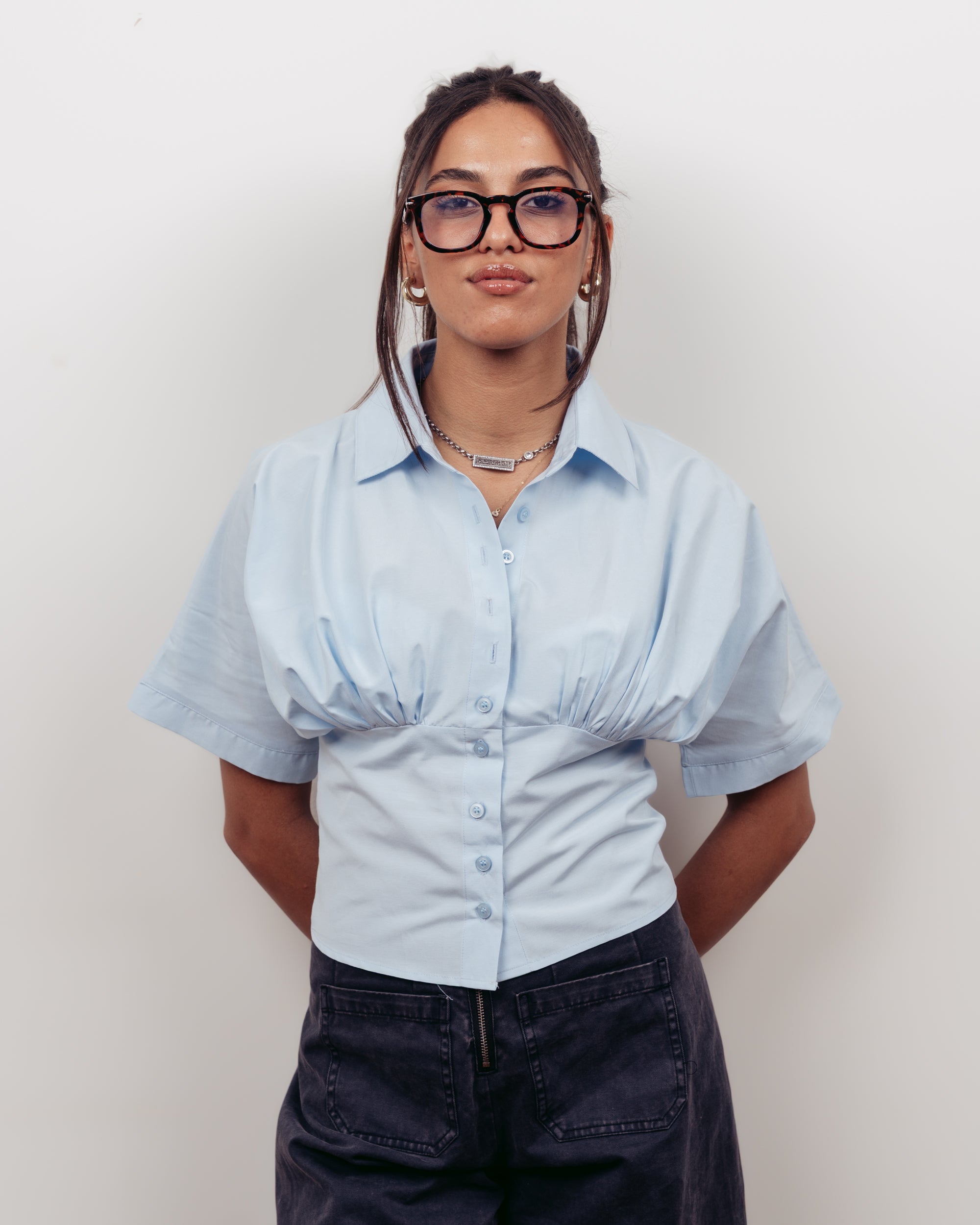 BLUE FITTED OVERSIZED CROPPED POPLIN SHIRT