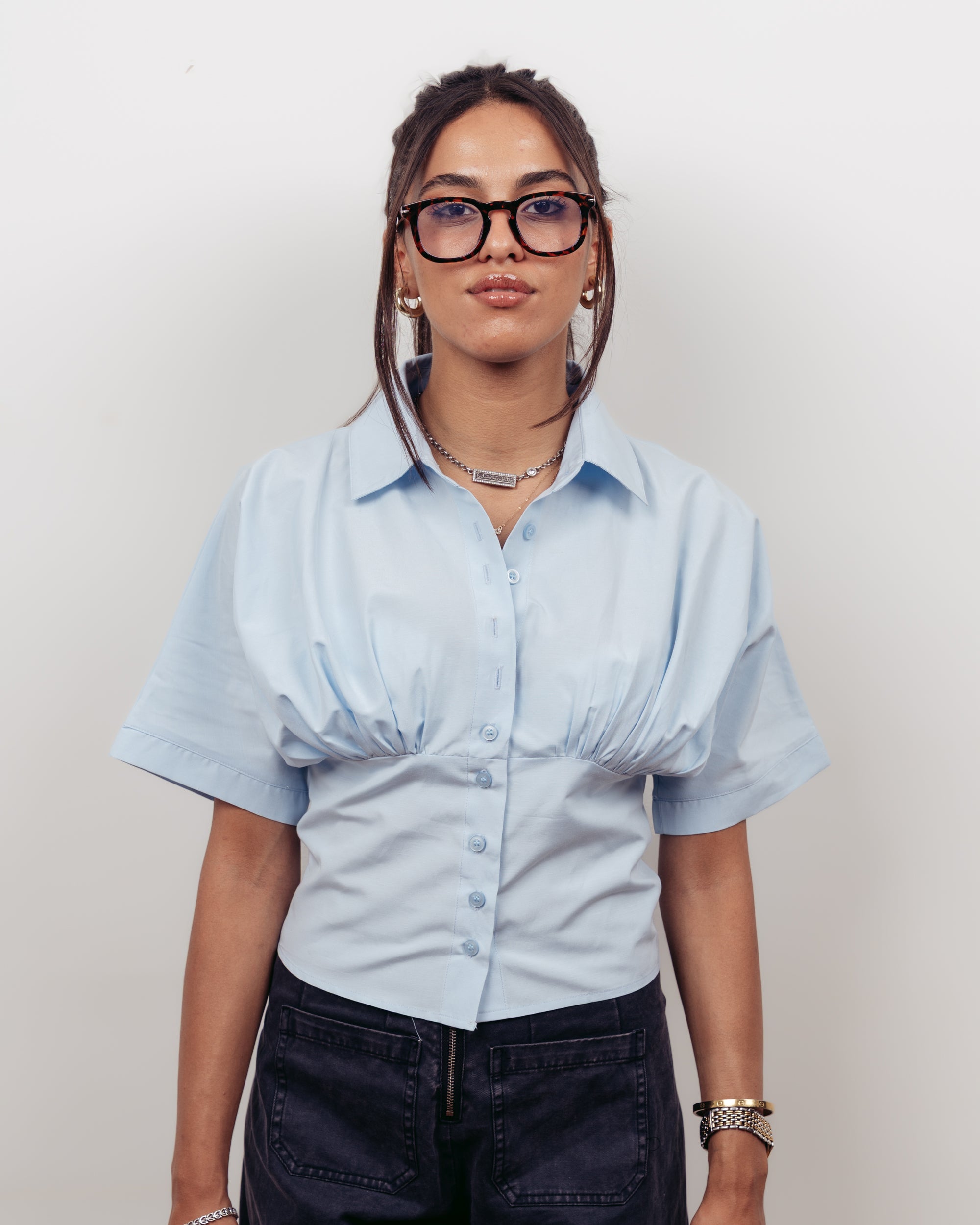 BLUE FITTED OVERSIZED CROPPED POPLIN SHIRT
