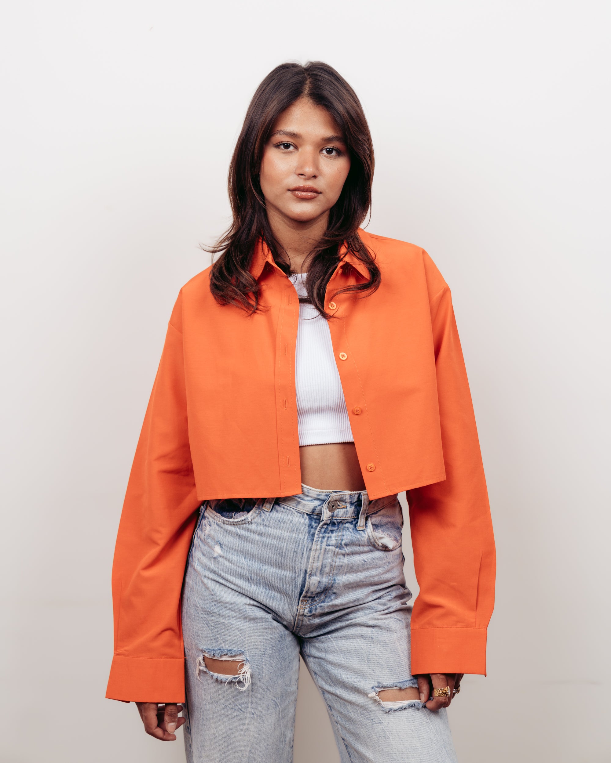 ORANGE CROPPED OVERSIZED POPLIN SHIRT