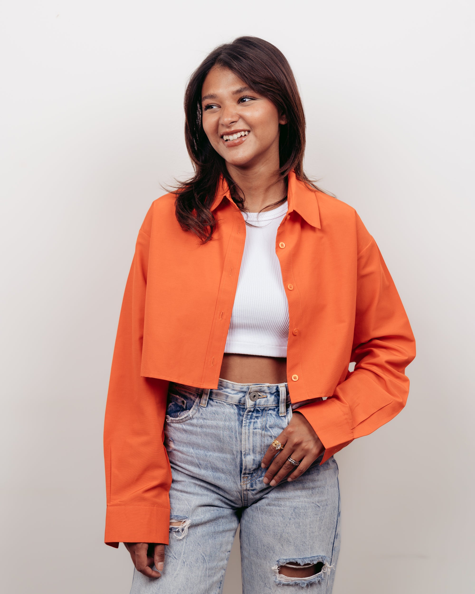 ORANGE CROPPED OVERSIZED POPLIN SHIRT