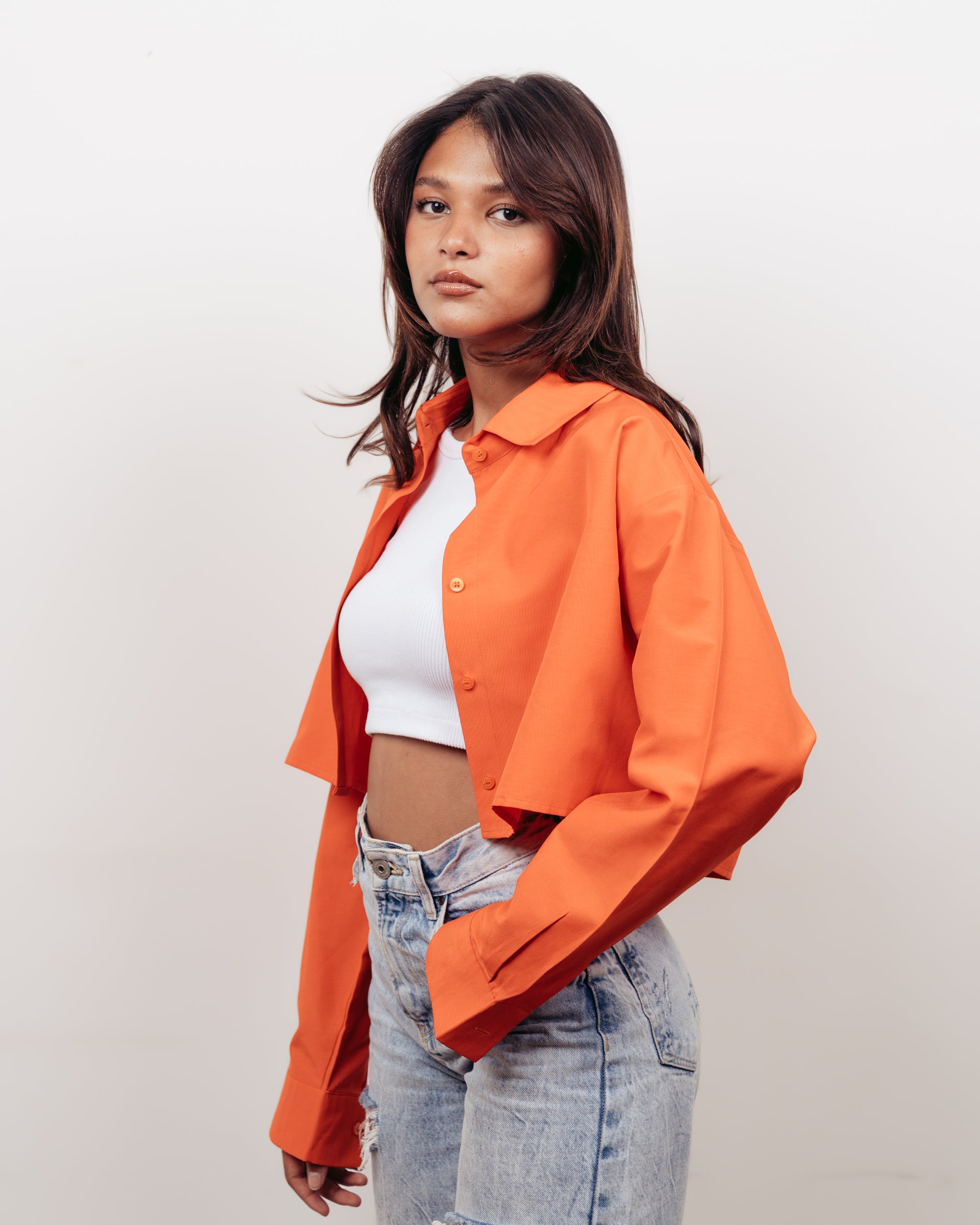 ORANGE CROPPED OVERSIZED POPLIN SHIRT