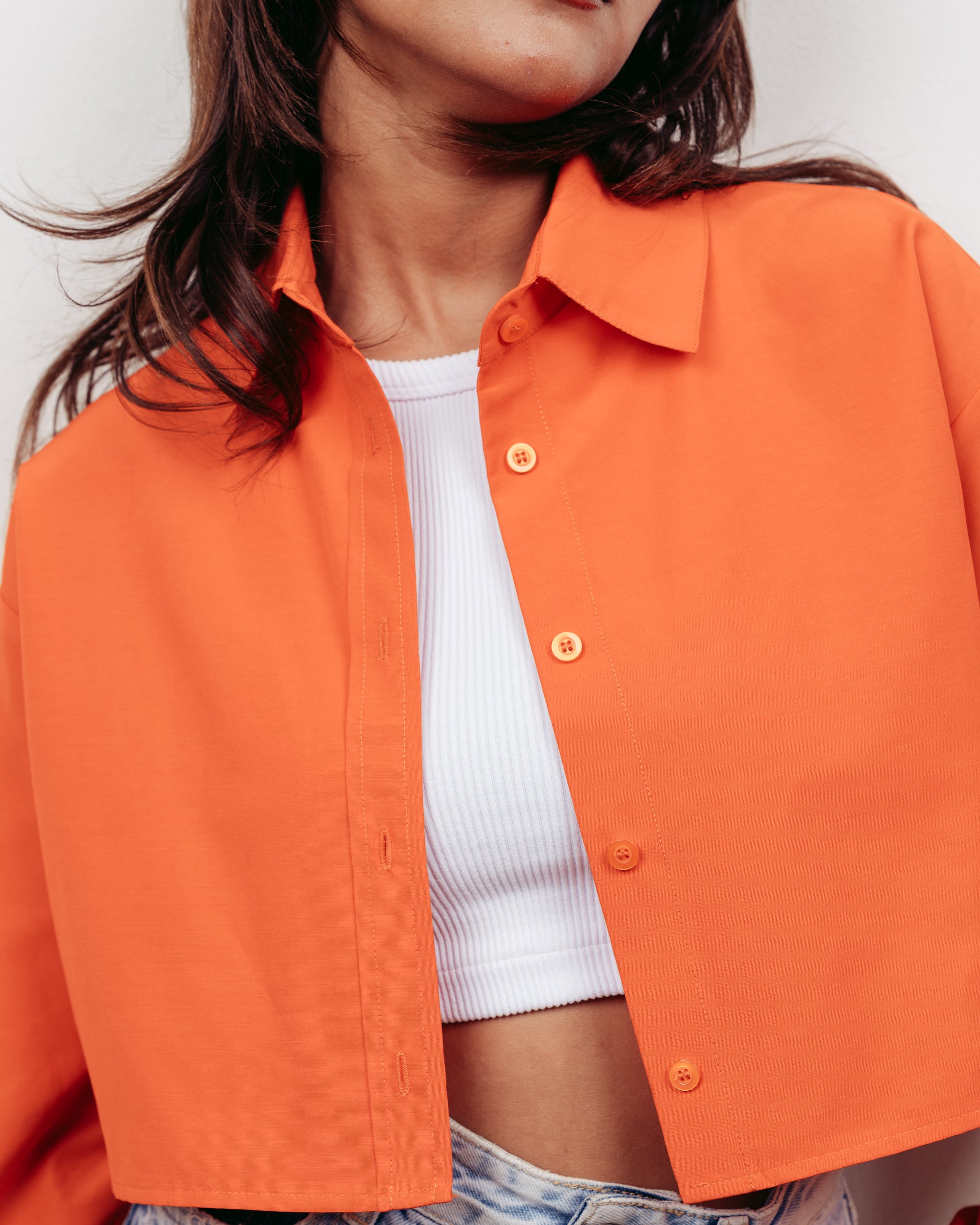ORANGE CROPPED OVERSIZED POPLIN SHIRT
