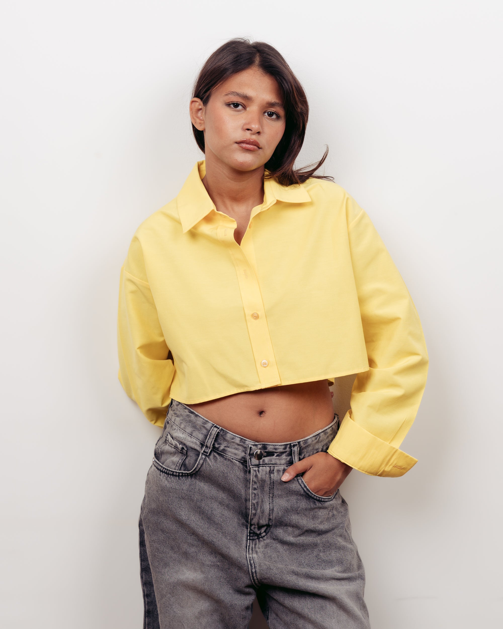 YELLOW CROPPED OVERSIZED POPLIN SHIRT