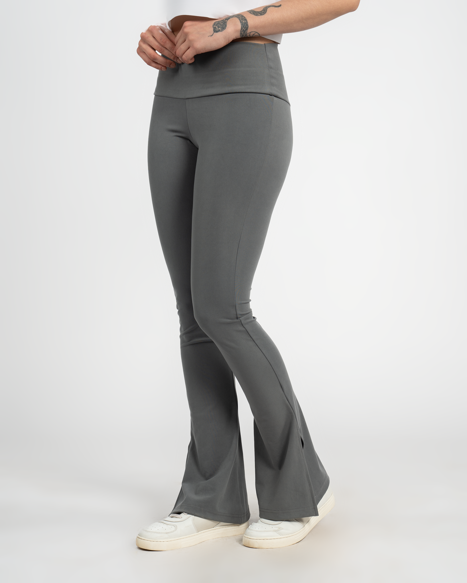 DARK GREY - HIGH WAISTED FLARED YOGA PANTS WITH SIDE SLIT