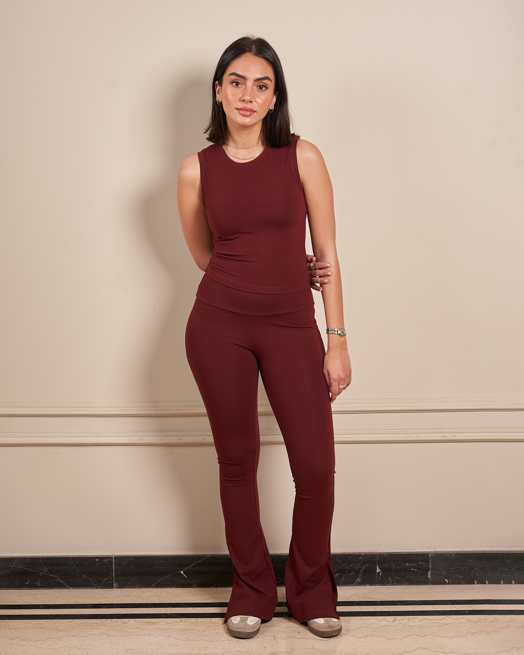 BURGUNDY - HIGH WAISTED FLARED YOGA PANTS WITH SIDE SLIT