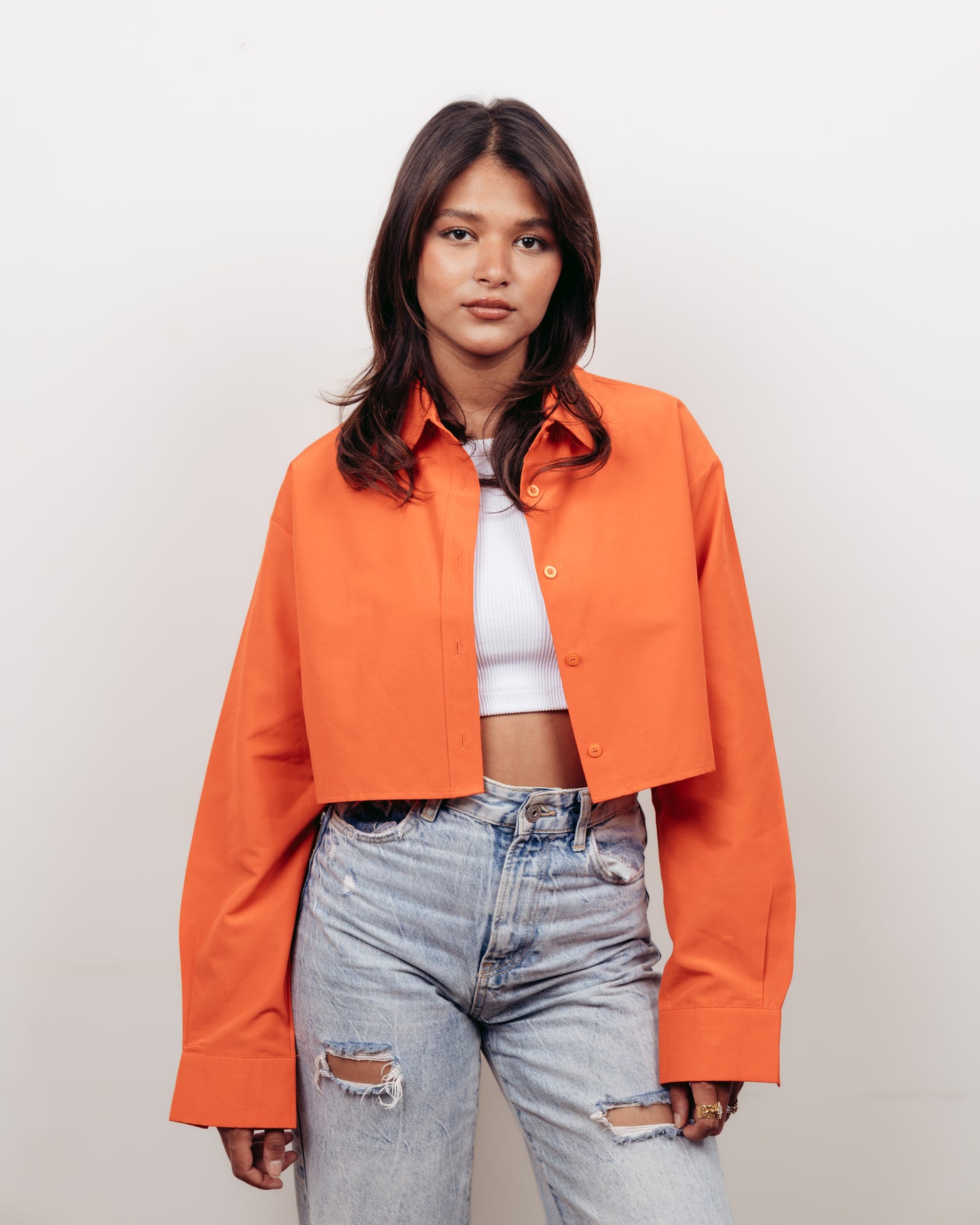ORANGE CROPPED OVERSIZED POPLIN SHIRT