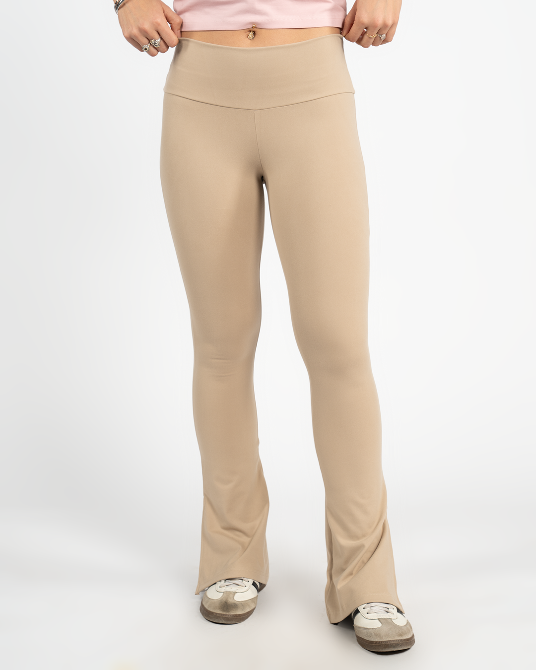 BEIGE - HIGH WAISTED FLARED YOGA PANTS WITH SIDE SLIT