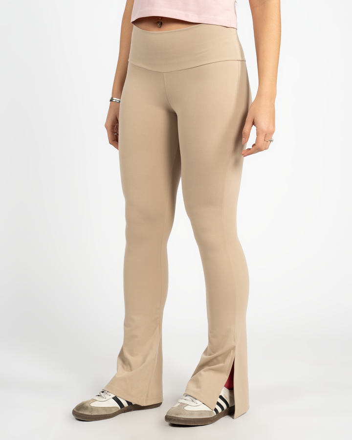 BEIGE - HIGH WAISTED FLARED YOGA PANTS WITH SIDE SLIT