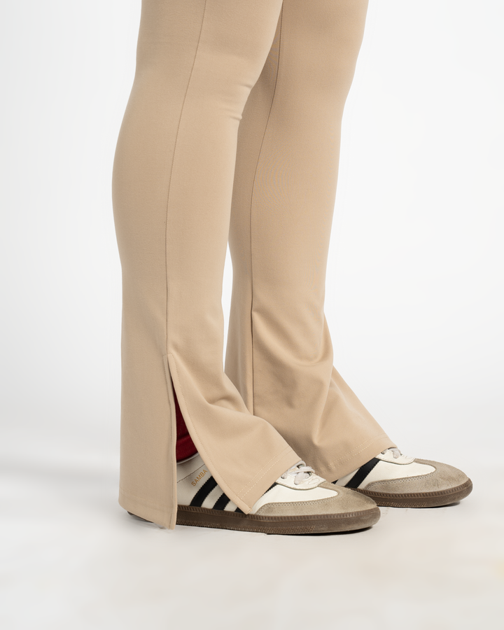 BEIGE - HIGH WAISTED FLARED YOGA PANTS WITH SIDE SLIT