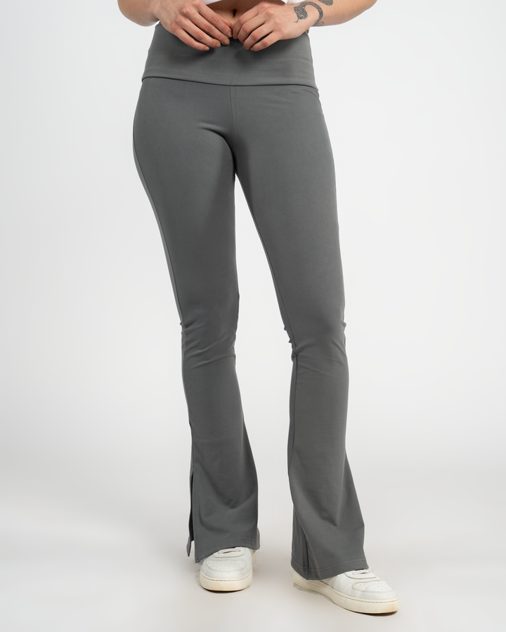 DARK GREY - HIGH WAISTED FLARED YOGA PANTS WITH SIDE SLIT