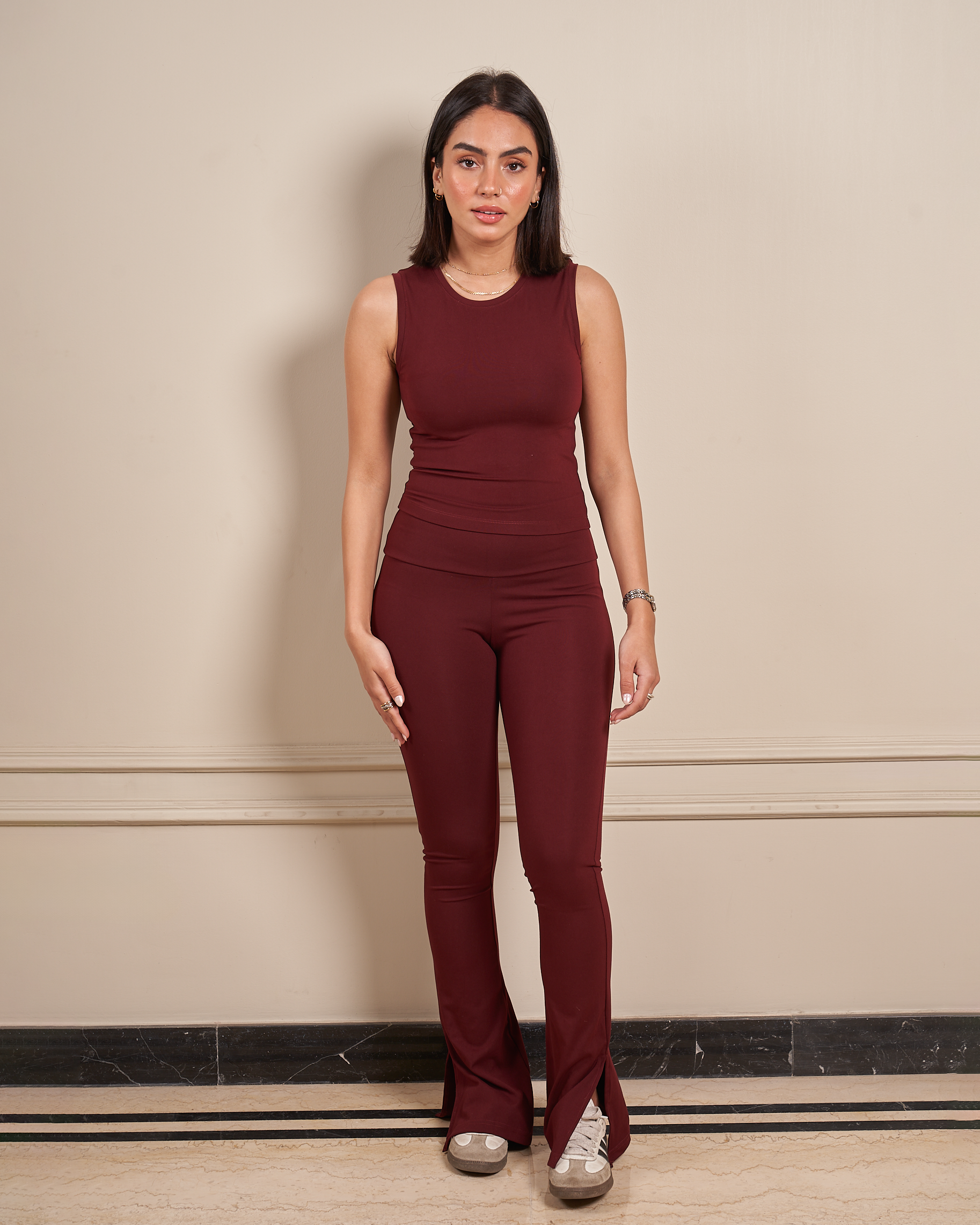 BURGUNDY - HIGH WAISTED FLARED YOGA PANTS WITH SIDE SLIT