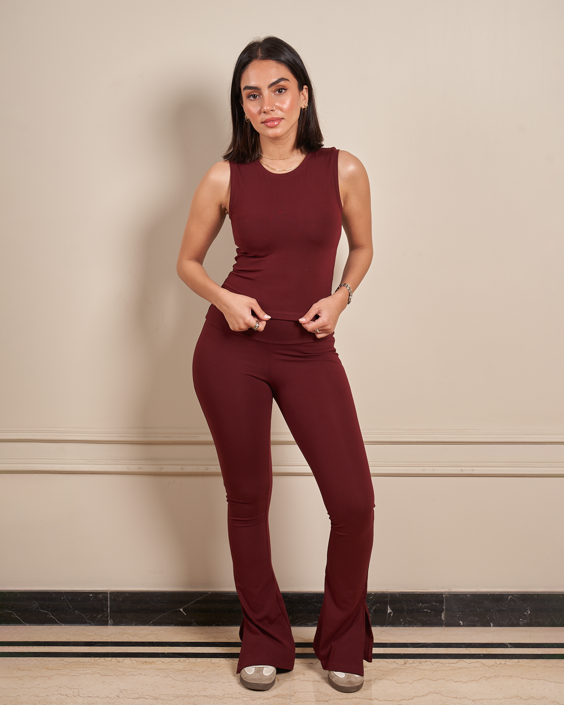 BURGUNDY - HIGH WAISTED FLARED YOGA PANTS WITH SIDE SLIT